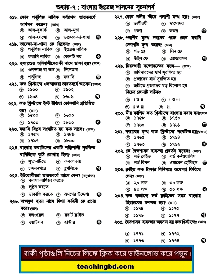 SSC MCQ Question Ans. The first stage of English rule in Bengal