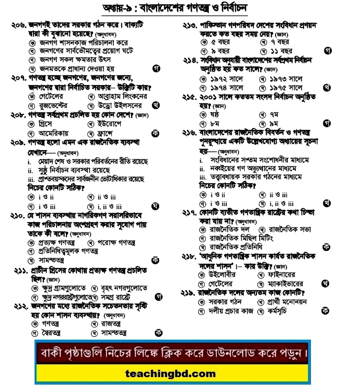 SSC MCQ Question Ans. The Democracy of Bangladesh and the Election