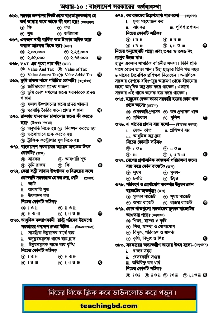 SSC MCQ Question Ans. The Public Finance of Bangladesh Government