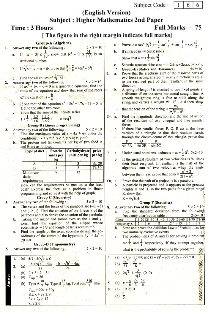 2nd Paper Eng. Version Higher Mathematics Suggestion and Question Patterns of HSC Examination 2015-11