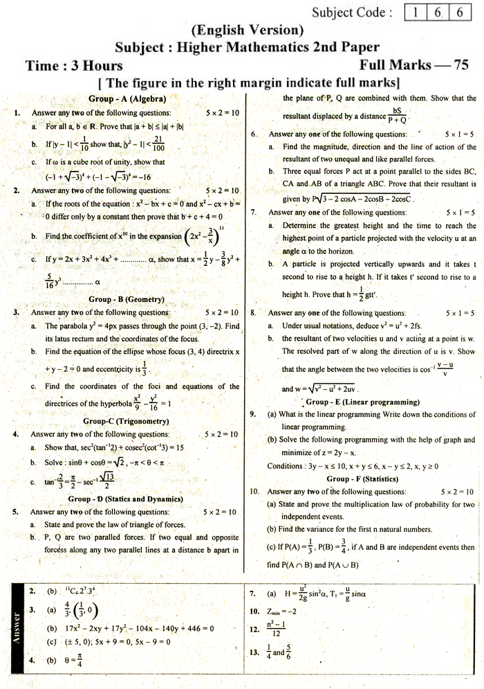 2nd Paper Eng. Version Higher Mathematics Suggestion and Question Patterns of HSC Examination 2015-13