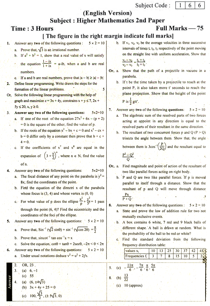 2nd Paper Eng. Version Higher Mathematics Suggestion and Question Patterns of HSC Examination 2015-6
