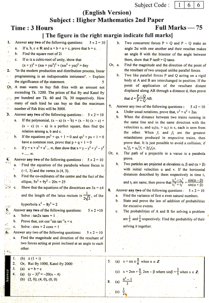 2nd Paper Eng. Version Higher Mathematics Suggestion and Question Patterns of HSC Examination 2015-7