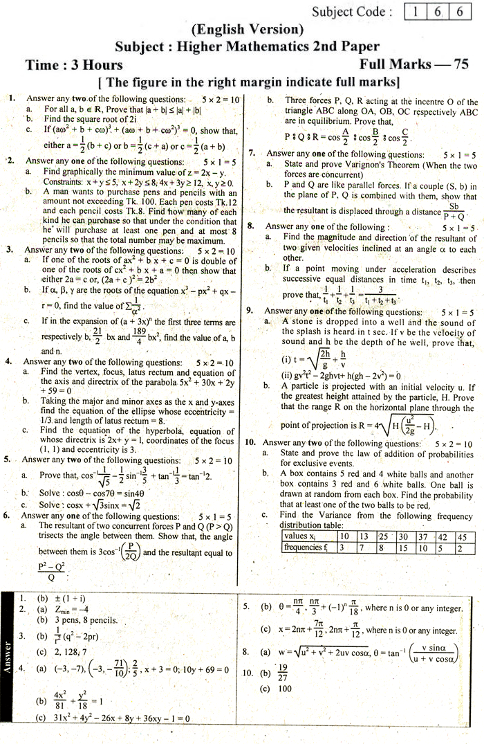 2nd Paper Eng. Version Higher Mathematics Suggestion and Question Patterns of HSC Examination 2015-9