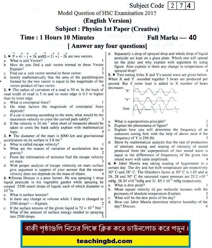 English Version Physics Suggestion and Question Patterns of HSC Examination 2015-7