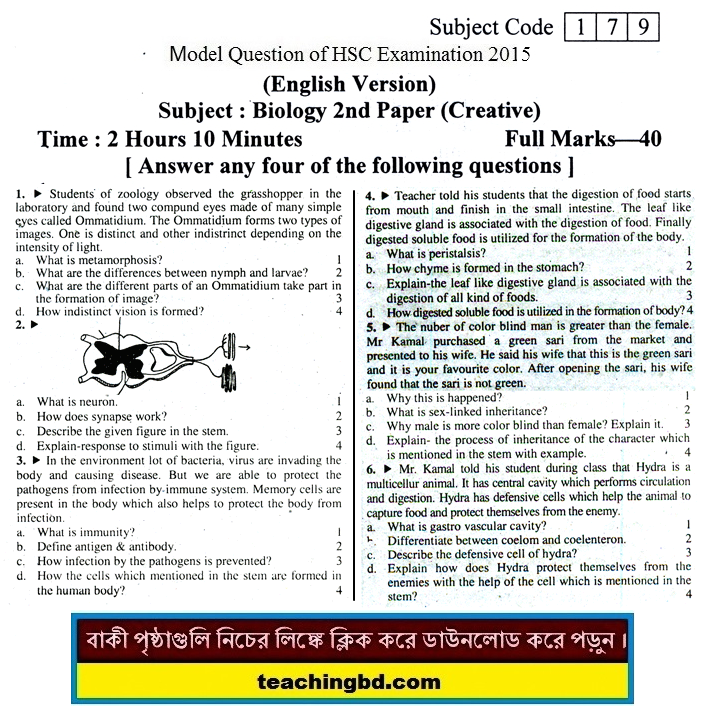 EV Biology 2nd Paper Suggestion and Question Patterns of HSC Examination 2015-8