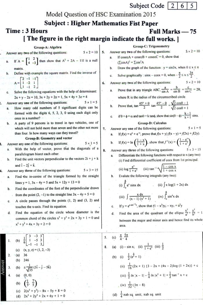 EV Higher Mathematics Suggestion and Question Patterns of HSC Examination 2015-13