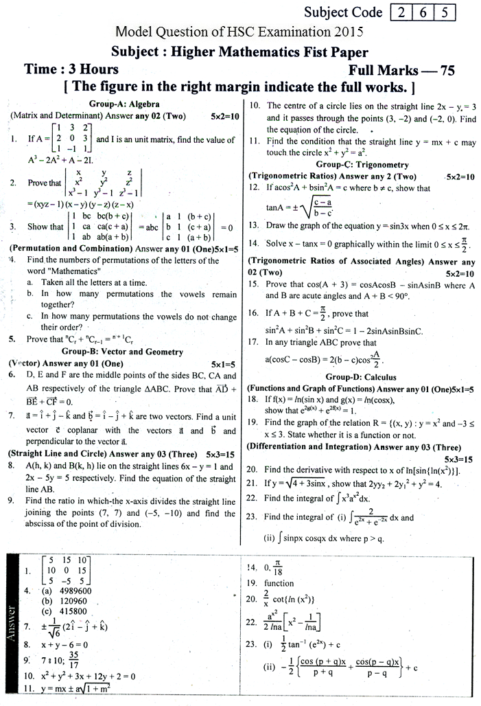 EV Higher Mathematics Suggestion and Question Patterns of HSC Examination 2015-14
