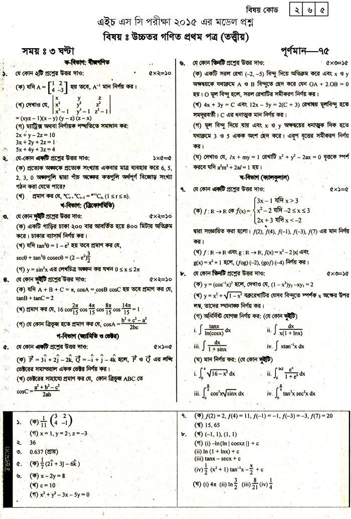 Higher Mathematics 1st Part Suggestion and Question Patterns of HSC Examination 2015-11