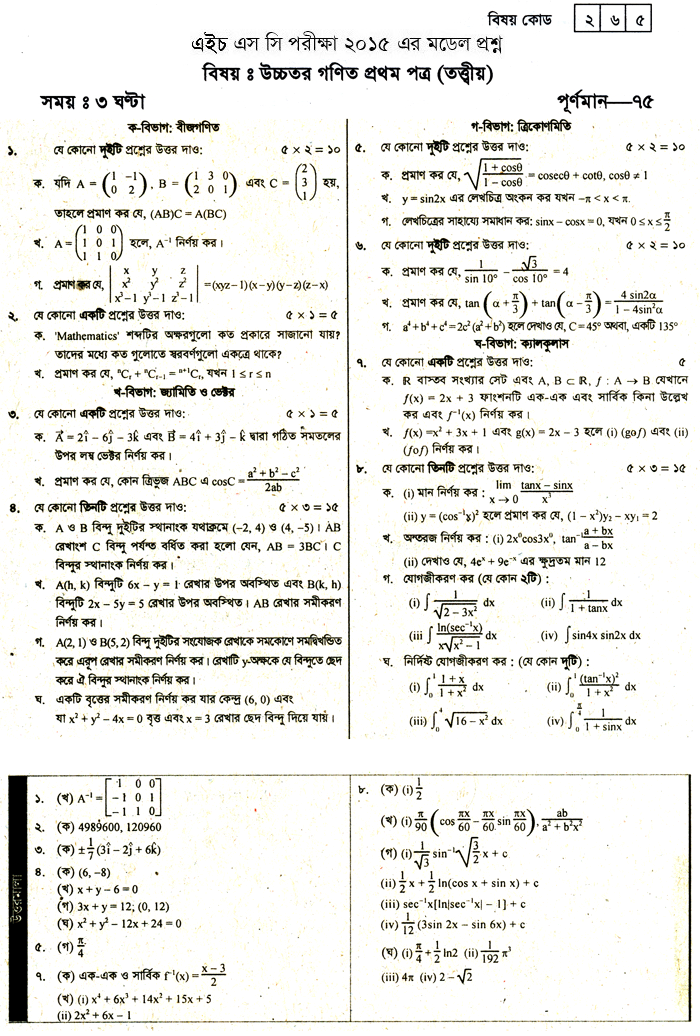 Higher Mathematics 1st Part Suggestion and Question Patterns of HSC Examination 2015-1