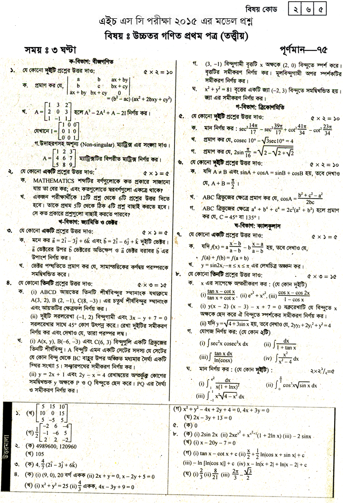 Higher Mathematics 1st Part Suggestion and Question Patterns of HSC Examination 2015-6