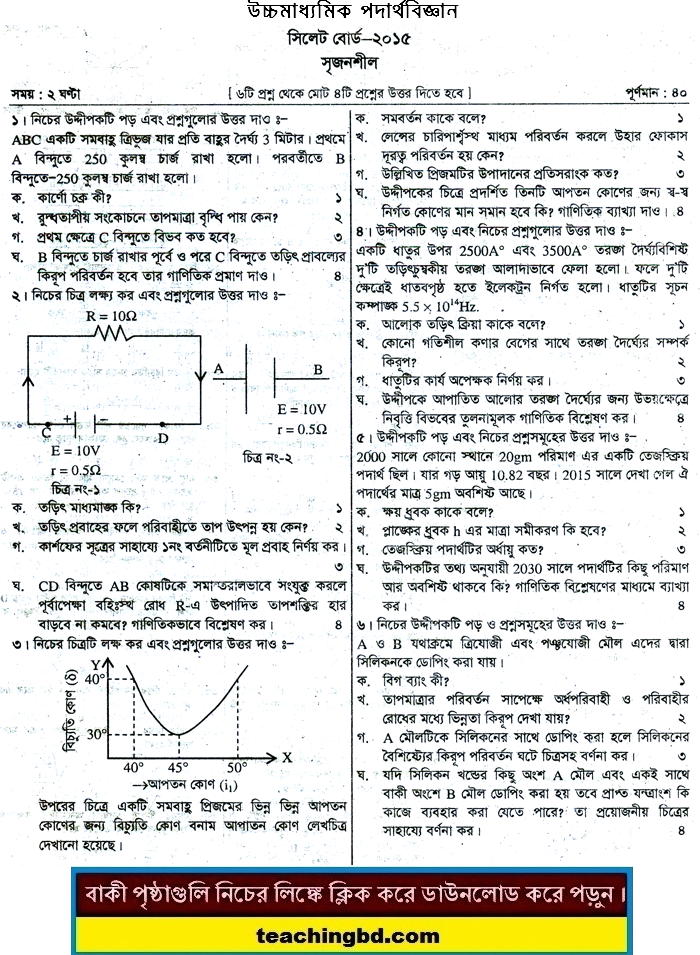 Physics 2nd Paper Question 2015 Sylhet Board