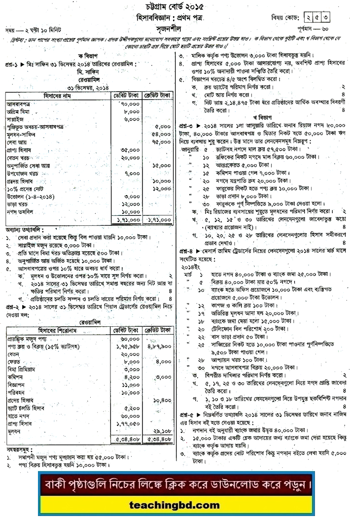 Accounting 1st Paper Question 2015 Chittagong Board