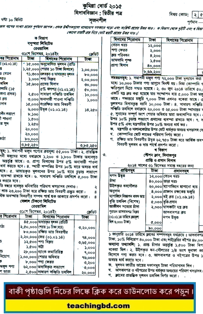 Accounting 2nd Paper Question 2015 Comilla Board
