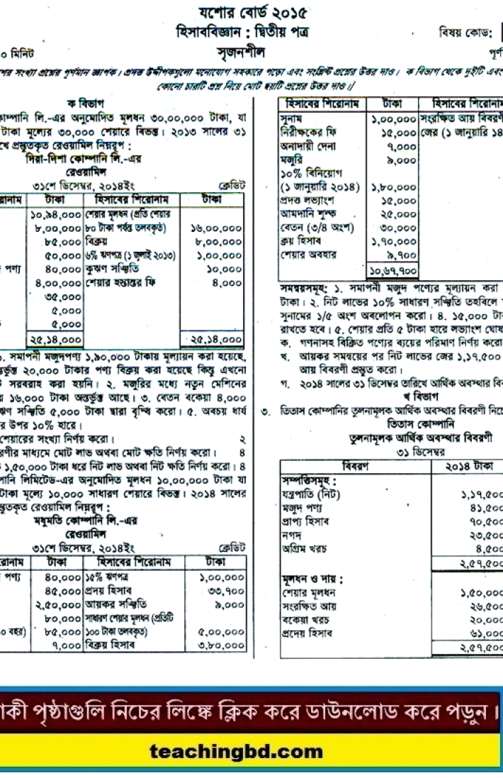 Accounting 2nd Paper Question 2015 Jessore Board