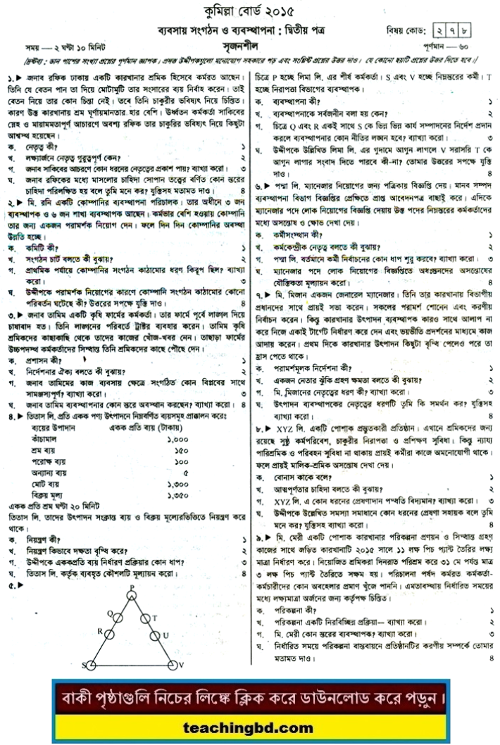 Business Organization & Management 2nd Paper Question 2015 Comilla Board