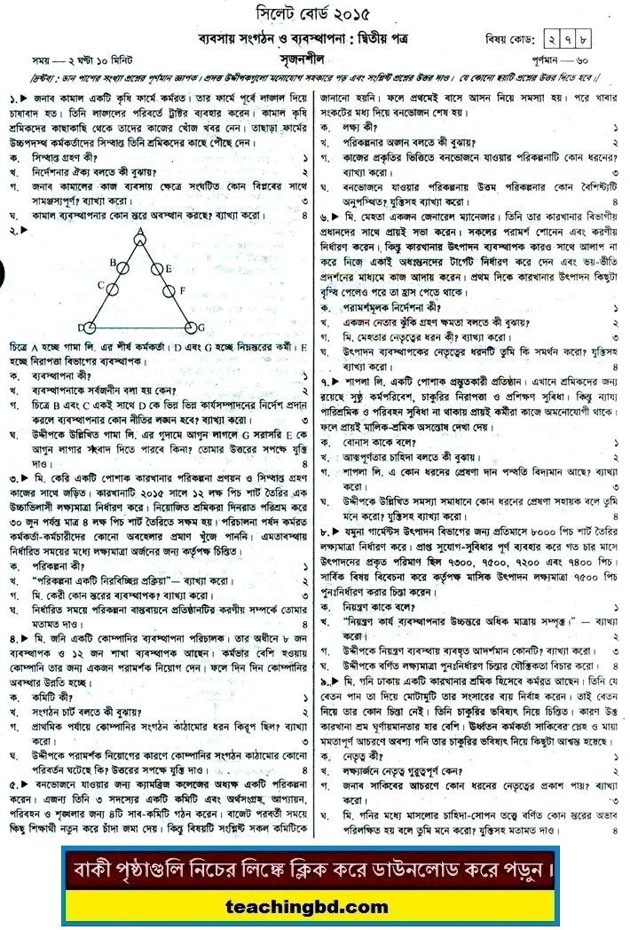 Business Organization & Management 2nd Paper Question 2015 Sylhet Board