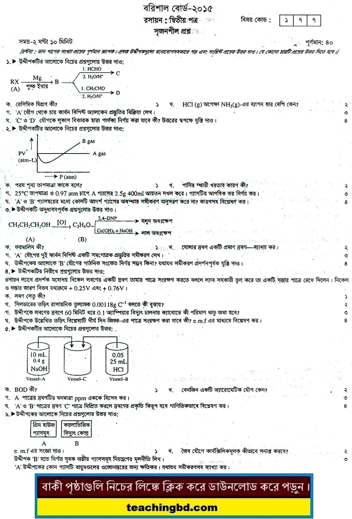 Chemistry 2nd Paper Question 2015 Jessore Board