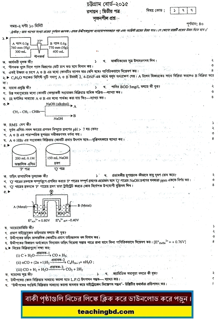 Chemistry 2nd Paper Question 2015 Comilla Board