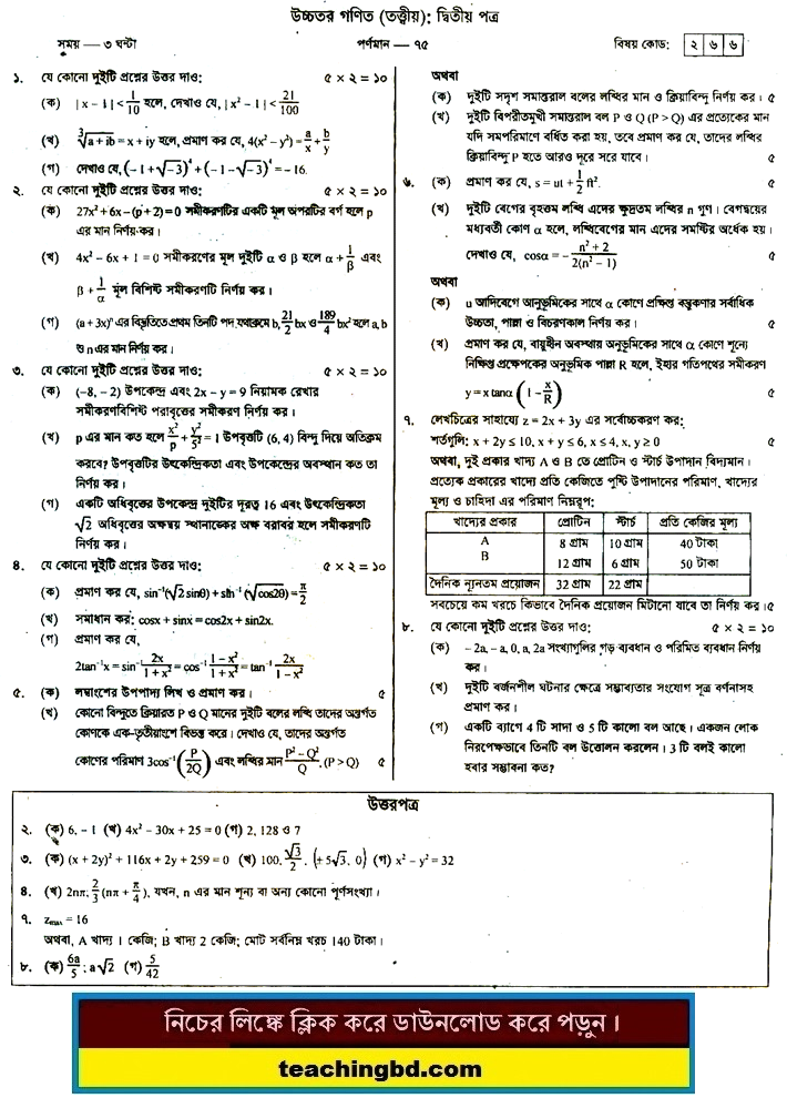 Higher Mathematics 2 Suggestion and Question Patterns of HSC Examination 2016-2