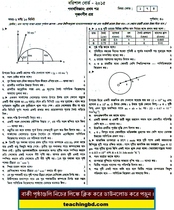 Physics 1st Paper Question 2015 Barishal Board