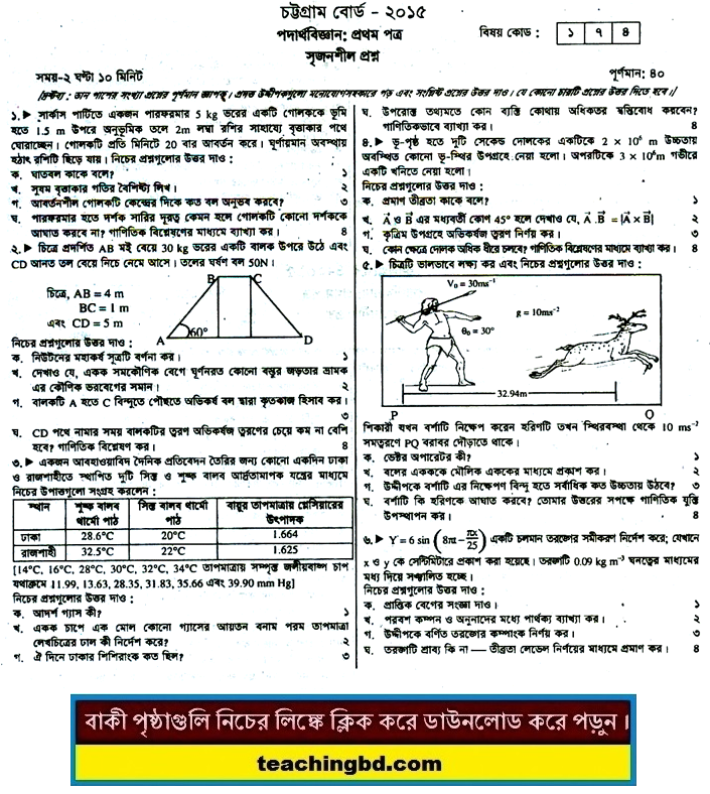 Physics 1st Paper Question 2015 Chittagong Board