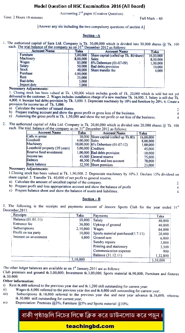EV Accounting 2 Suggestion and Question Patterns of HSC Examination 2016-1