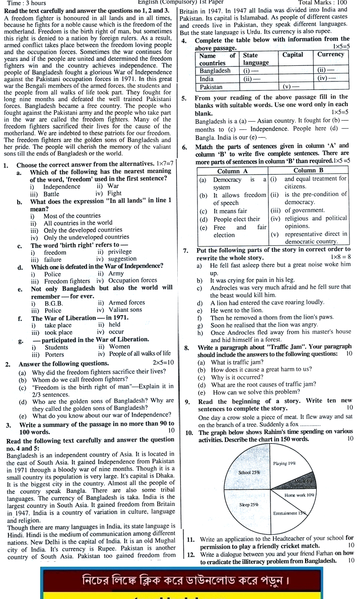 SSC Eglish 1st Paper Question 2015 Jessore Board