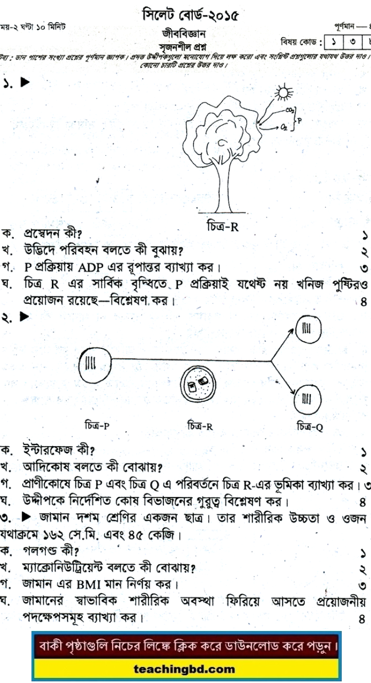 Biology Question 2015 Sylhet Board