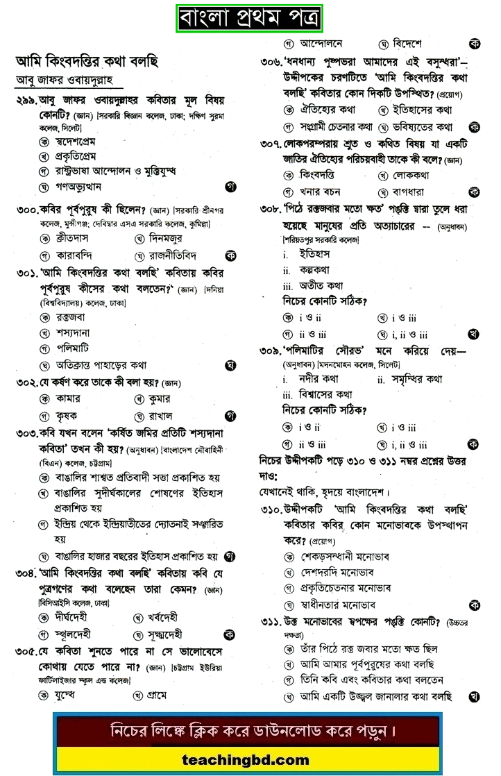 Ami Kingbodontir Khata Bolchi: HSC Bengali 1st Paper MCQ Question With Answer