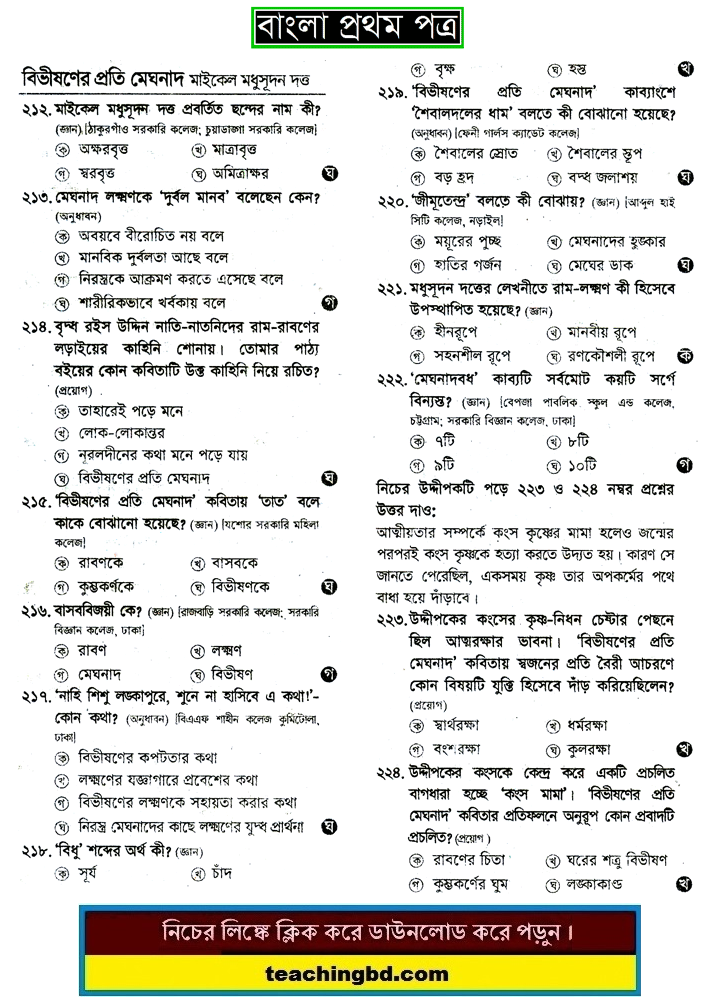 Bivishoner Proti Meghnad: HSC Bengali 1st Paper MCQ Question With Answer