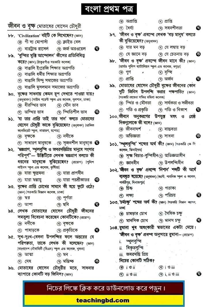 Jibon O Brikko: HSC Bengali 1st Paper MCQ Question With Answer