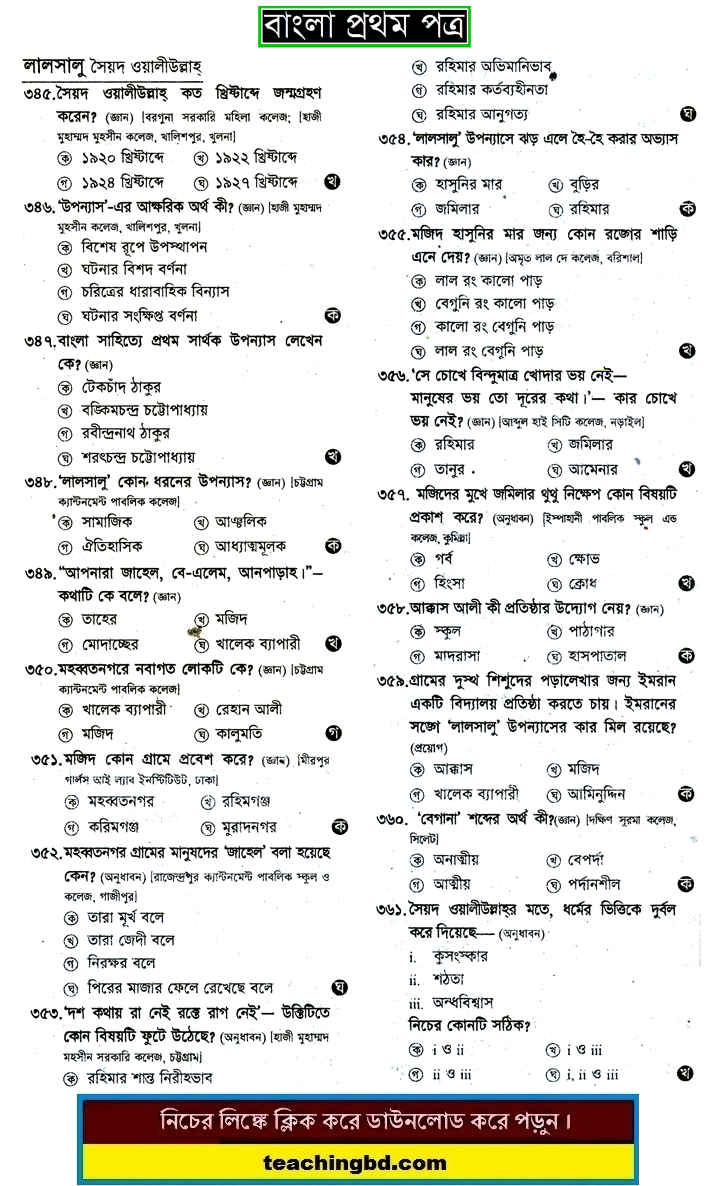 Lal Shalu: HSC Bengali 1st Paper MCQ Question With Answer