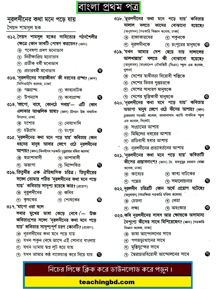 Nuruldiner Kotha Mone Pore Jai: HSC Bengali 1st Paper MCQ Question With Answer