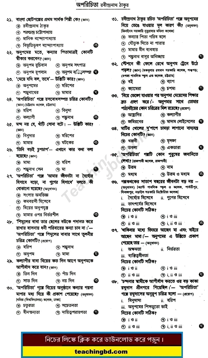 Oporichita: HSC Bengali 1st Paper MCQ Question With Answer