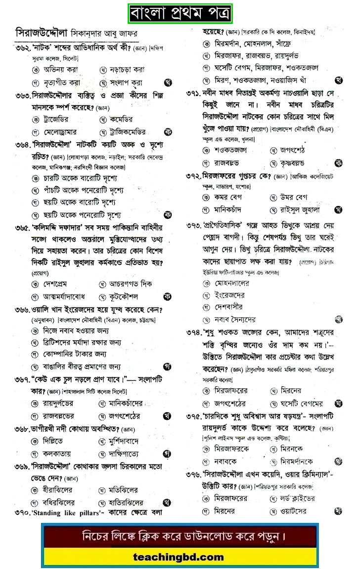 Sirajuddoula: HSC Bengali 1st Paper MCQ Question With Answer