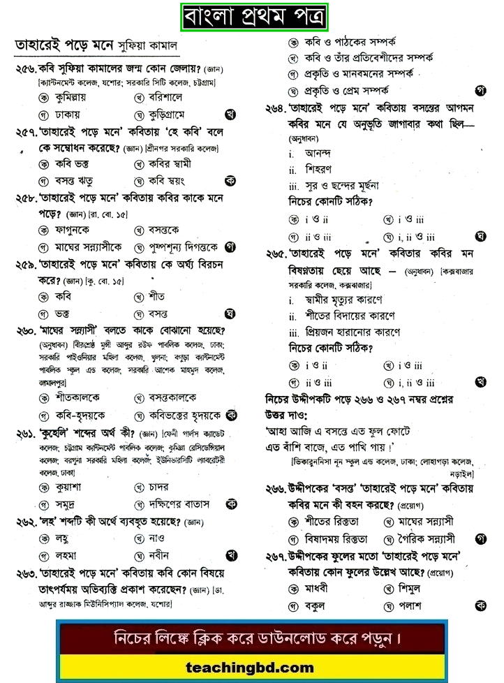 Taharai Pore Mone: HSC Bengali 1st Paper MCQ Question With Answer