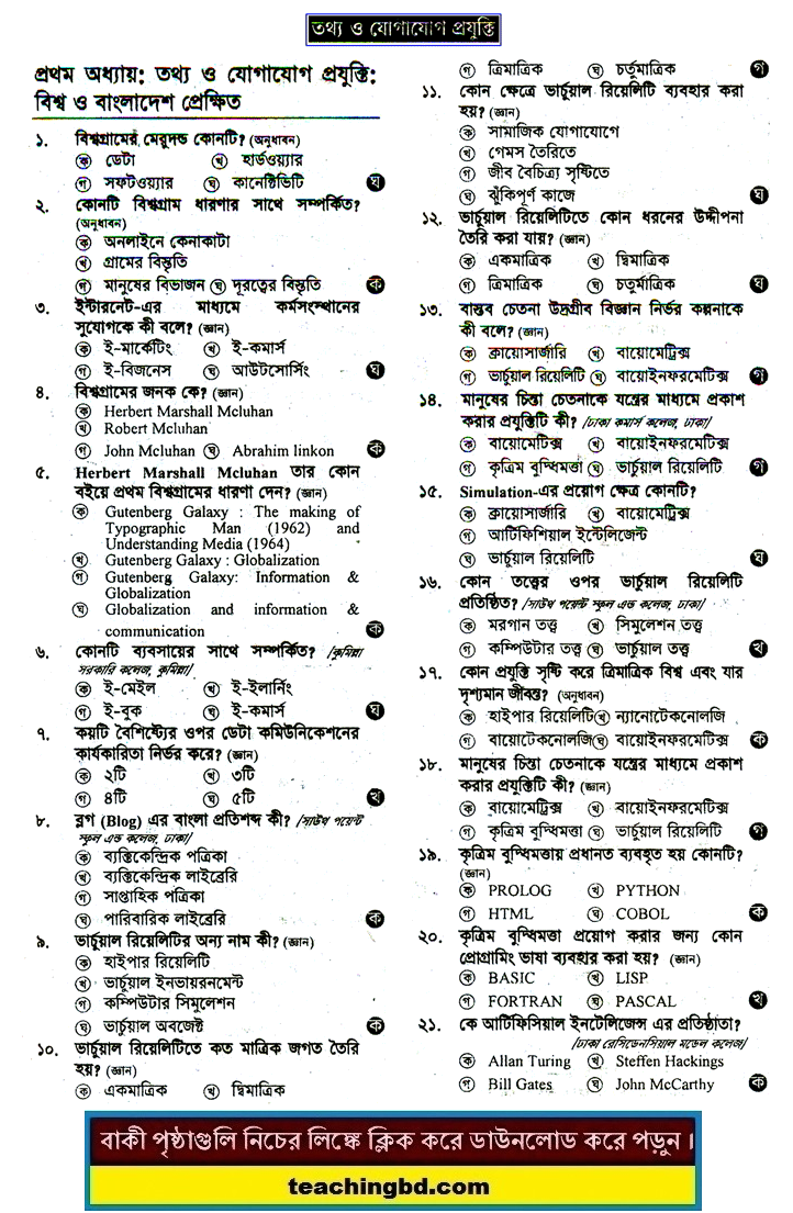 World and Bangladesh Perspective: HSC ICT MCQ Question With Answer