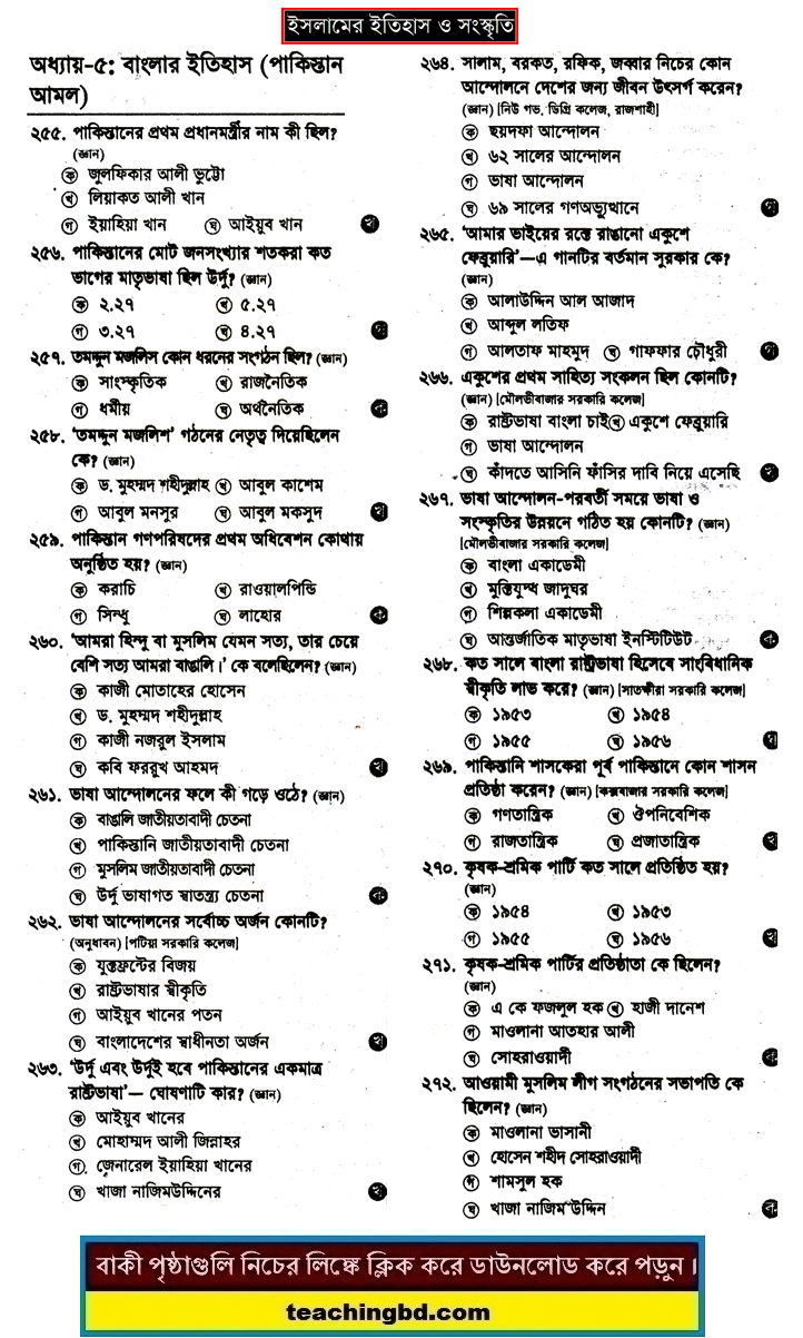 History of Bengal: HSC Islamic History and Culture 2nd MCQ Question With Answer