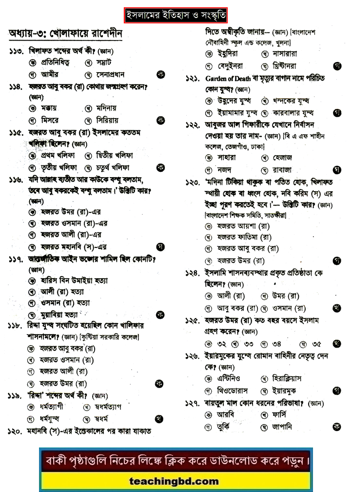 Kholaphaye Rasedina: HSC Islamic History and Culture 1st MCQ Question With Answer