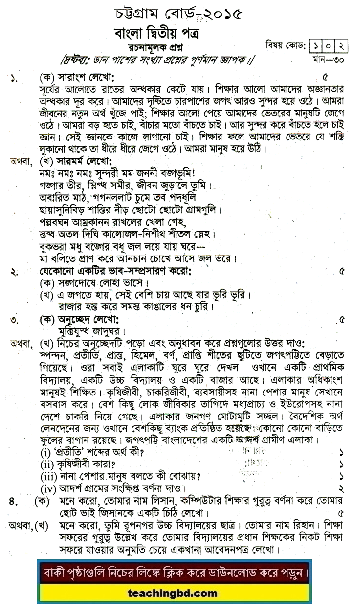 Chittagong Board JSC Bangla 2nd Paper Board Question of Year 2015