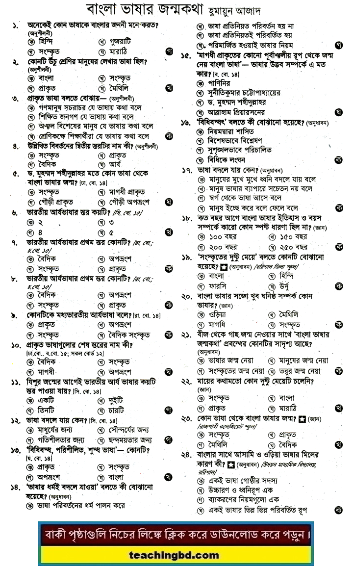 JSC Bengali 1st Paper MCQ Bangla Vashar Jonmo Kotha