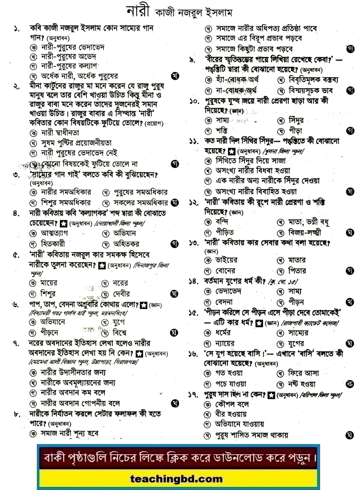 JSC Bengali 1st Paper MCQ Nari