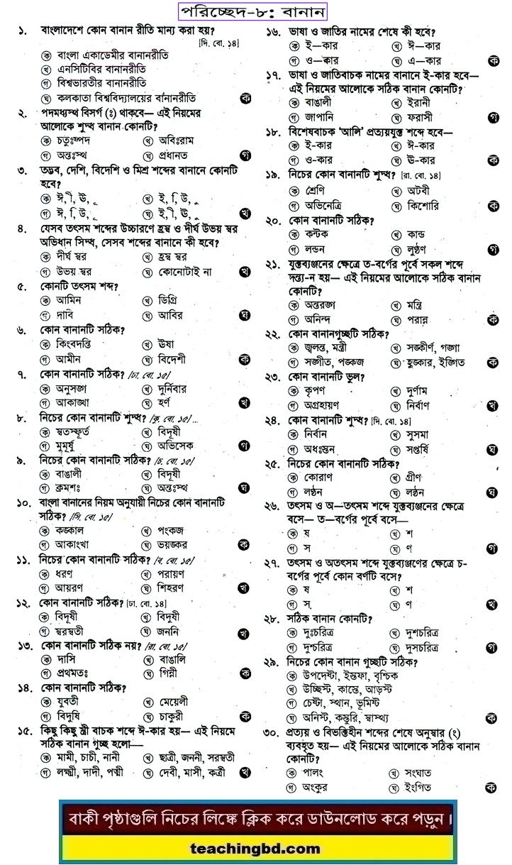 JSC Bengali 2nd Paper MCQ Banan
