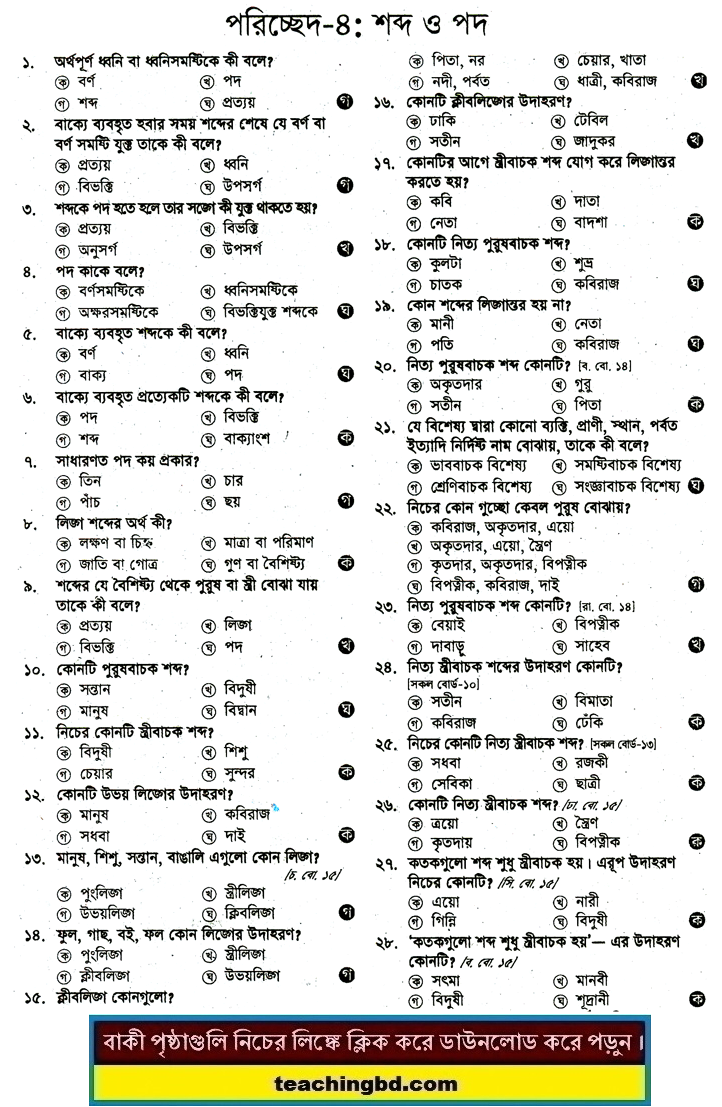 JSC Bengali 2nd Paper MCQ Shobdo O Pod