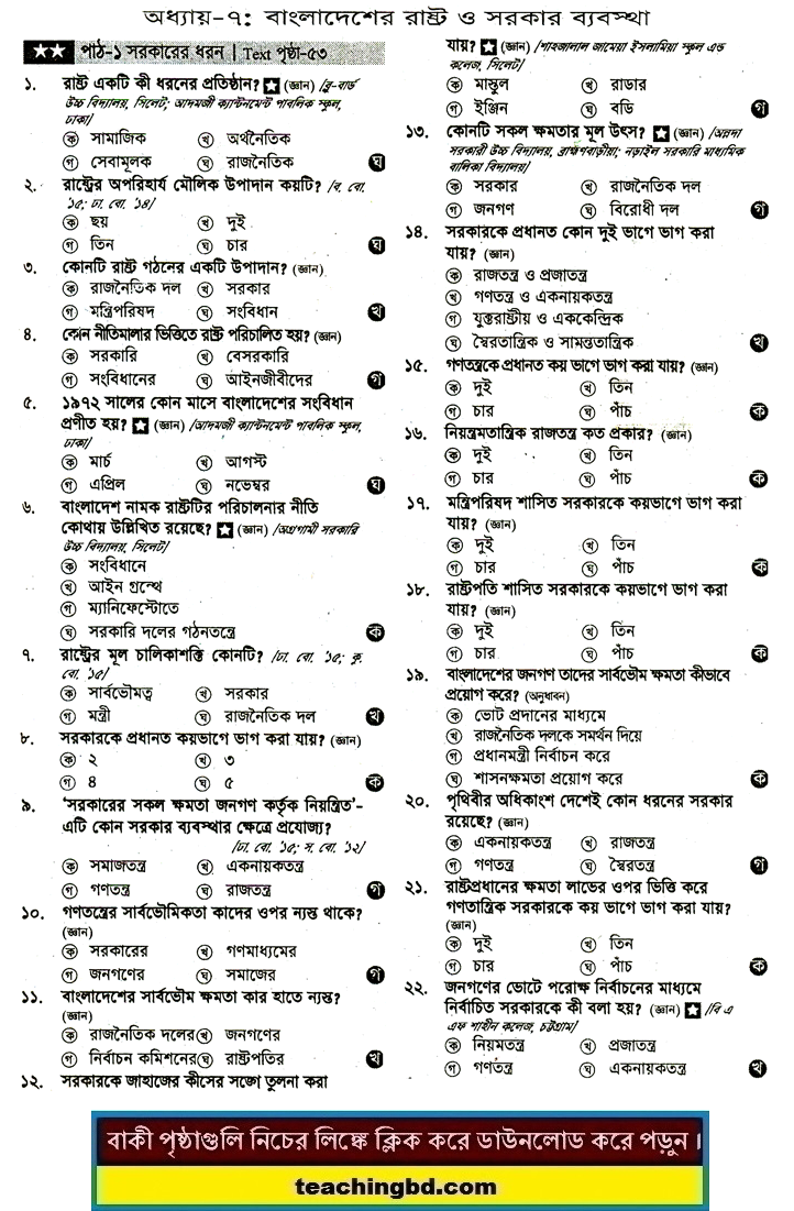 JSC Bangladesh and Bisho Porichoy MCQ Question With Answer Chapter 7