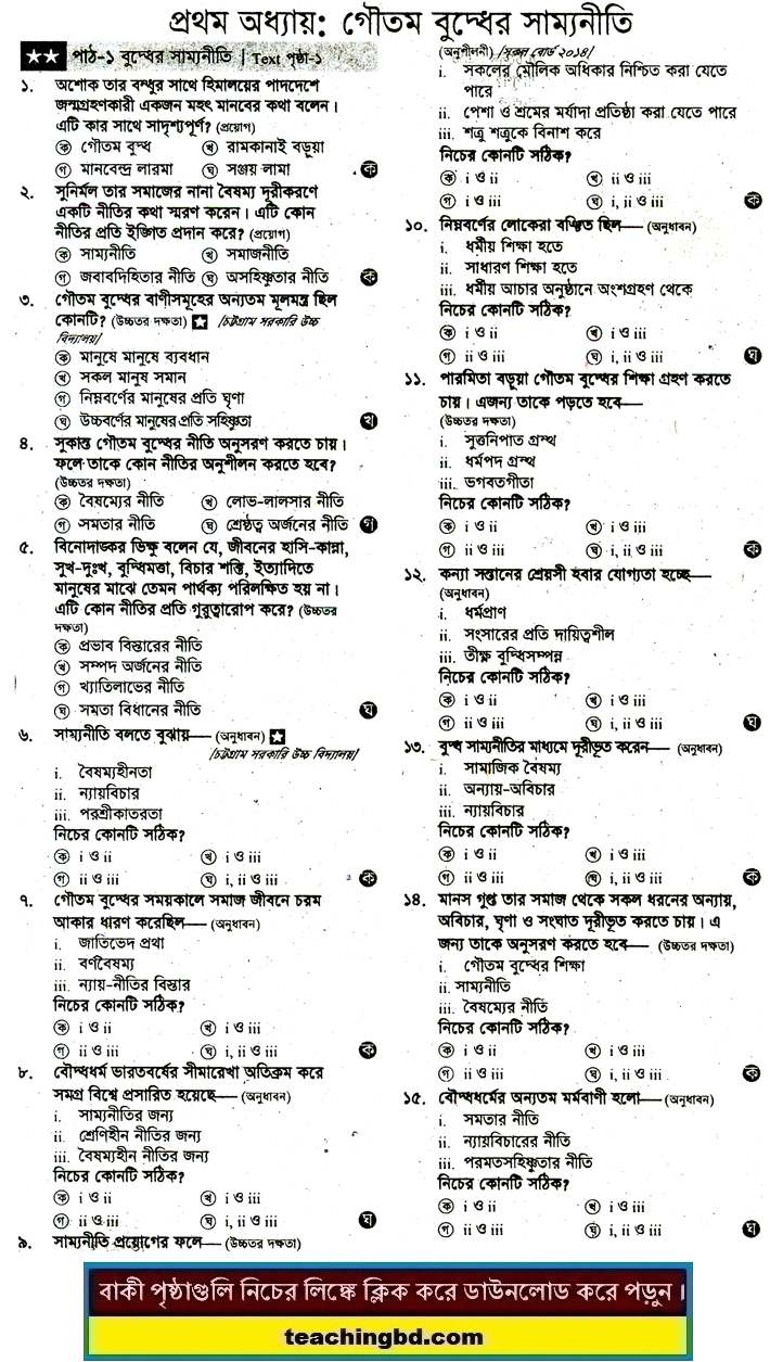 JSC Buddist Religion and moral education MCQ Question with Answer Chapter 1