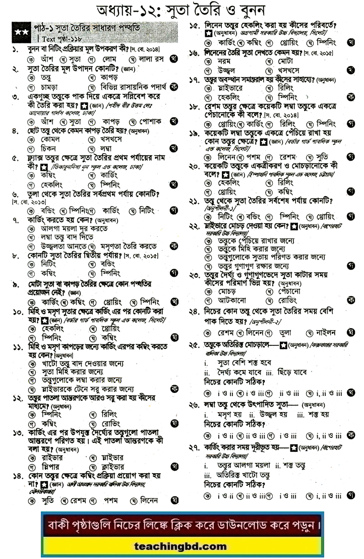JSC Home Science MCQ Question with Answer Chapter 12