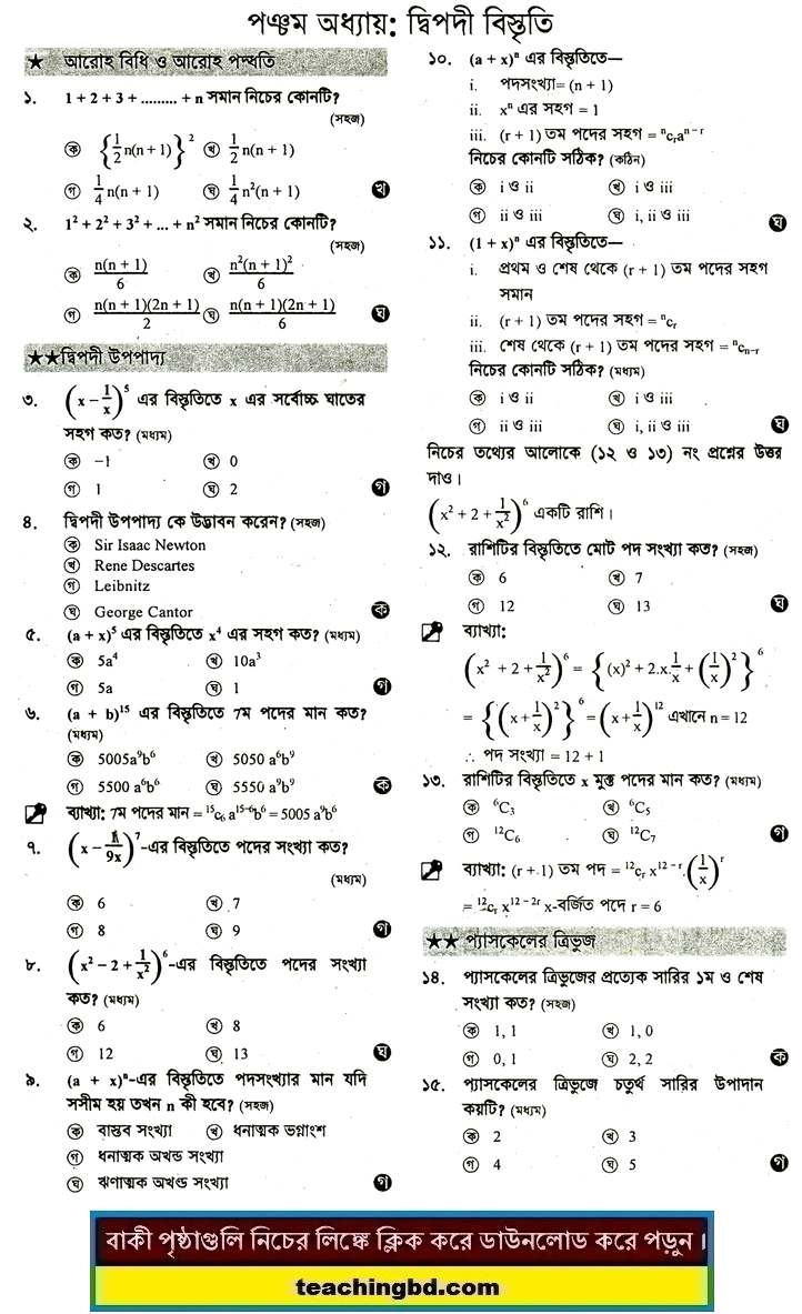 5th Chapter: HSC Higher Mathematics 2nd MCQ Question With Answer