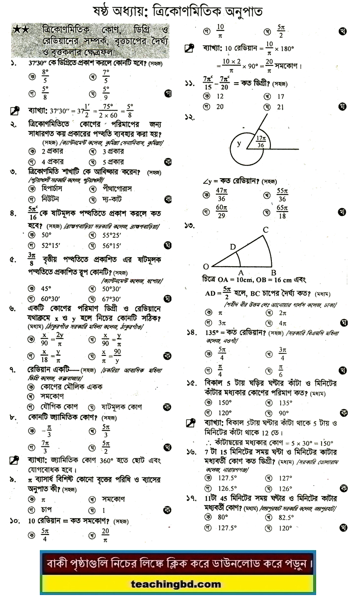 6th Chapter: HSC Higher Mathematics 1st MCQ Question With Answer